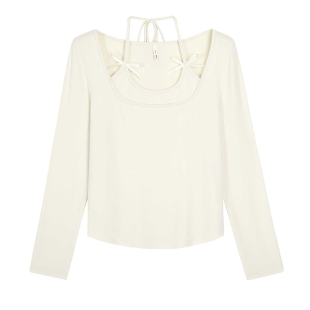 Long-Sleeve Halter Neck Mock Two-Piece Plain Bow Accent T-Shirt