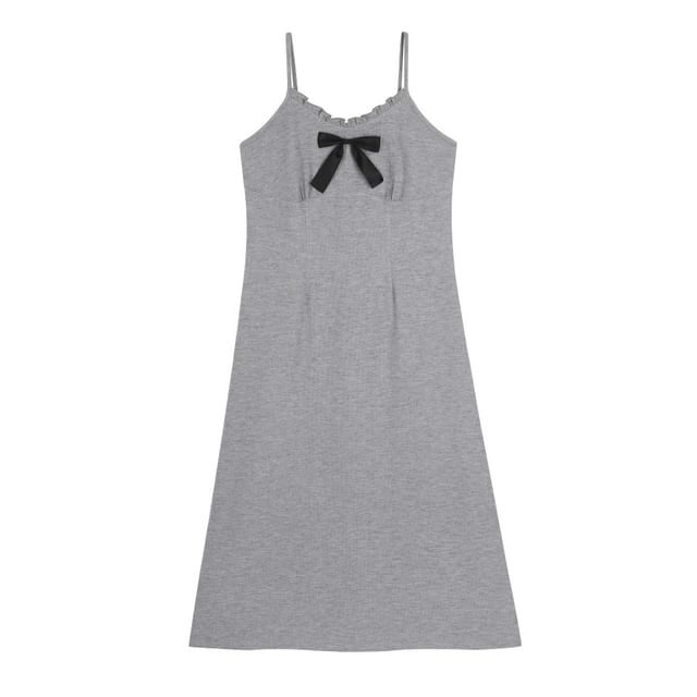 Spaghetti Strap V-Neck Plain Bow Accent Frill Trim Maxi A-Line Dress