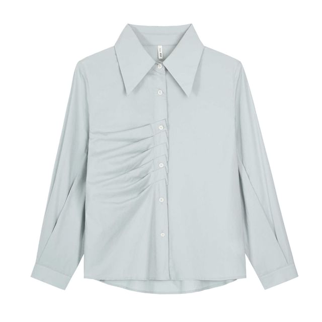 Long-Sleeve Collared Plain Ruched Button-Up Blouse
