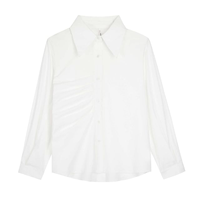 Long-Sleeve Collared Plain Ruched Button-Up Blouse