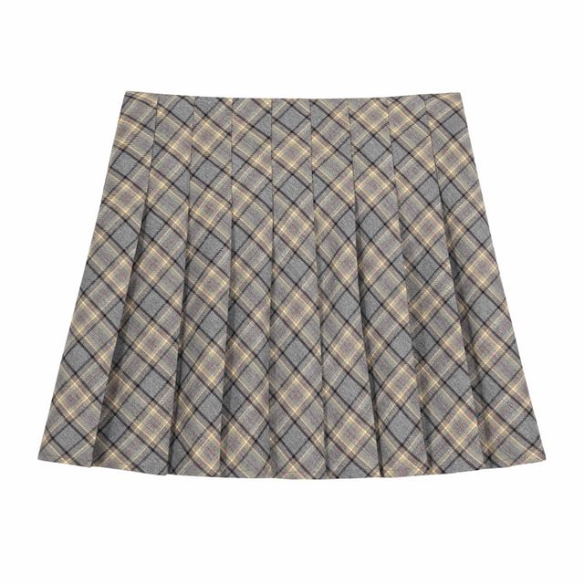 High Waist Plaid Pleated Mini A-Line Skirt