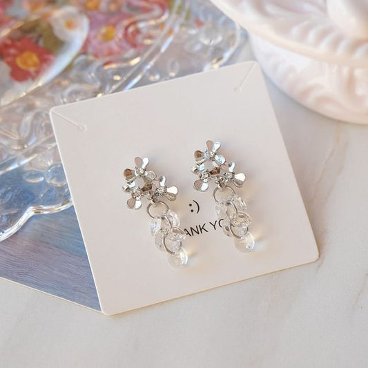 Floral Faux Clip-On / Crystal Rhinestone Drop Earring