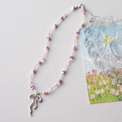 Pendant Bow Beaded Necklace Irregular
