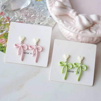 Heart Earring / Clip-On Pearl Drop Bow Faux