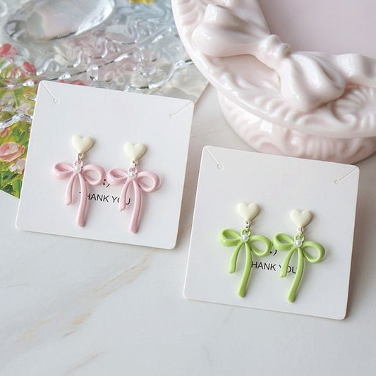 Heart Earring / Clip-On Pearl Drop Bow Faux