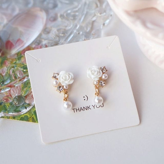 Rhinestone Pearl Faux Earring Clip-On Drop Floral /