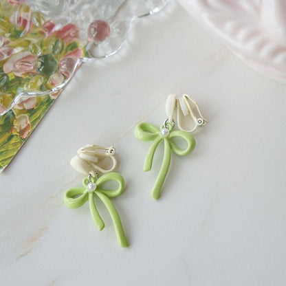 Heart Earring / Clip-On Pearl Drop Bow Faux