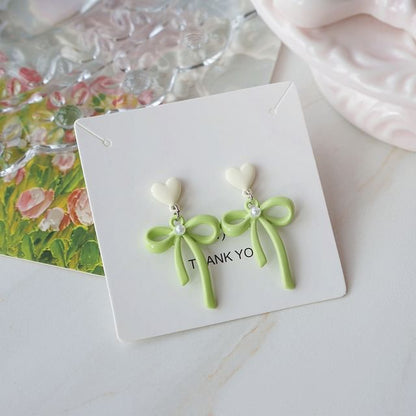 Heart Earring / Clip-On Pearl Drop Bow Faux