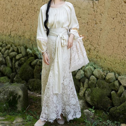 Balloon Sleeve Crew Neck Plain Panel Lace Blouse / High Rise Plain Lace Maxi A-Line Skirt / Set