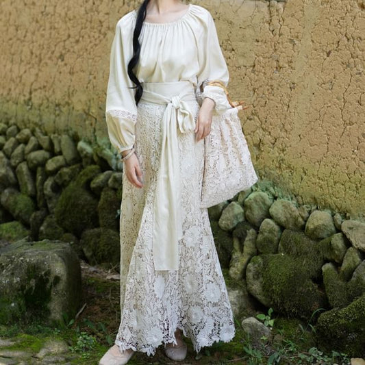 Balloon Sleeve Crew Neck Plain Panel Lace Blouse / High Rise Plain Lace Maxi A-Line Skirt / Set