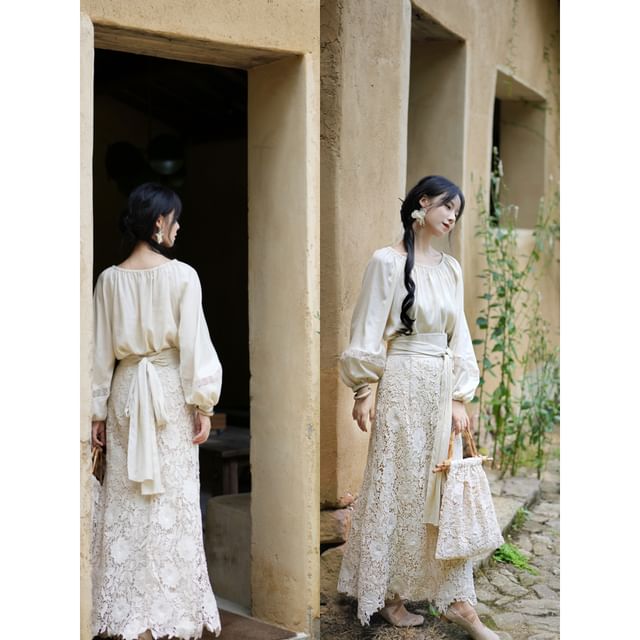 Balloon Sleeve Crew Neck Plain Panel Lace Blouse / High Rise Plain Lace Maxi A-Line Skirt / Set