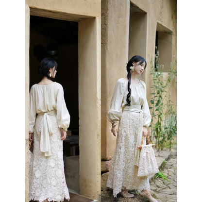Balloon Sleeve Crew Neck Plain Panel Lace Blouse / High Rise Plain Lace Maxi A-Line Skirt / Set