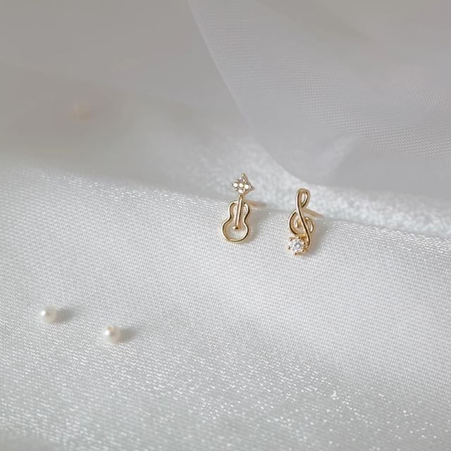 Asymmetrical Rhinestone Note Guitar Alloy Earring Stud Music