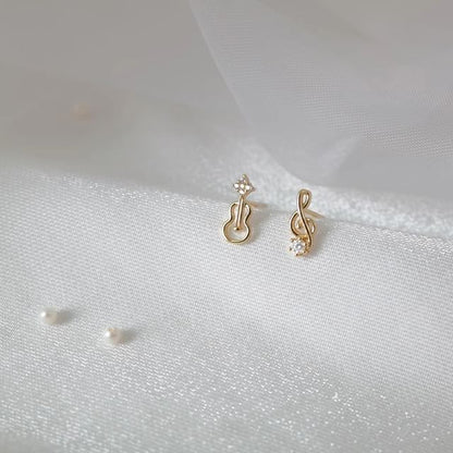 Asymmetrical Rhinestone Note Guitar Alloy Earring Stud Music