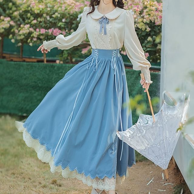 Set: Collared Bow Pintuck Blouse + High Rise Lace Up Panel Lace Midi A-Line Skirt (Various Designs)