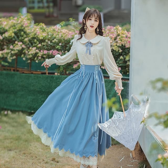 Set: Collared Bow Pintuck Blouse + High Rise Lace Up Panel Lace Midi A-Line Skirt (Various Designs)