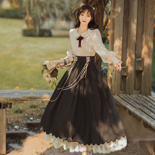Set: Collared Bow Pintuck Blouse + High Rise Lace Up Panel Lace Midi A-Line Skirt (Various Designs)