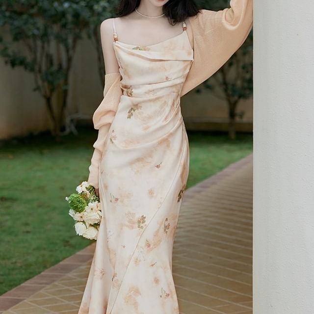 Spaghetti Strap Scoop Neck Floral Print Beaded Ruched Slit Midi Mermaid Dress / Plain Open Front Crop Cardigan / Set