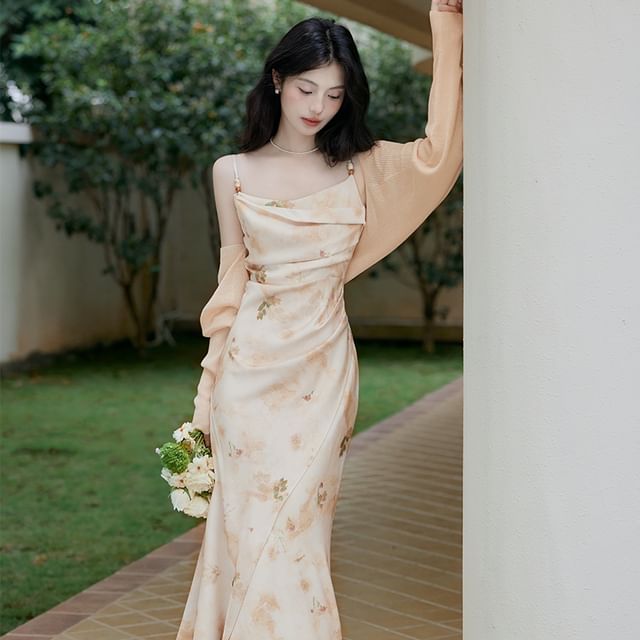 Spaghetti Strap Scoop Neck Floral Print Beaded Ruched Slit Midi Mermaid Dress / Plain Open Front Crop Cardigan / Set