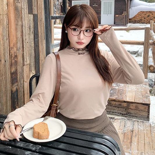 Double-Layered Wood Ear Trim Bow Contrast Trim Knit Top