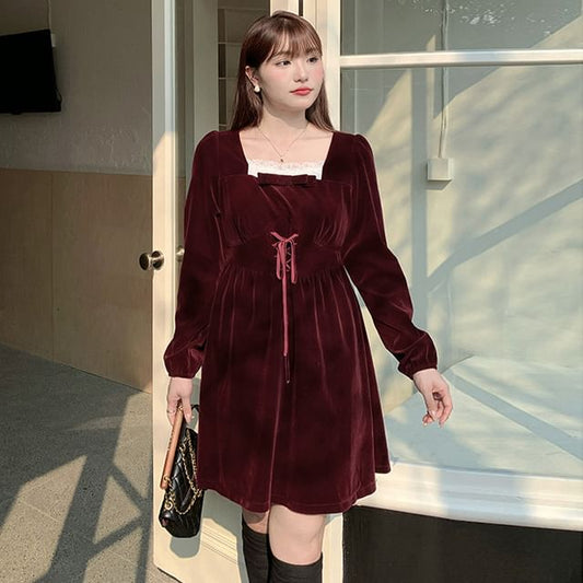 Square-Neck Lace Panel Velvet Tie-Strap Dress ( Various Designs )