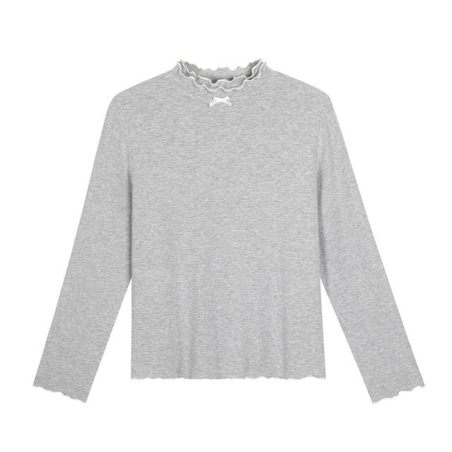 Double-Layered Wood Ear Trim Bow Contrast Trim Knit Top