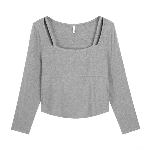 Long-Sleeve Square-Neck Plain Cutout Tee