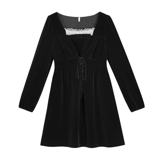 Square-Neck Lace Panel Velvet Tie-Strap Dress ( Various Designs )