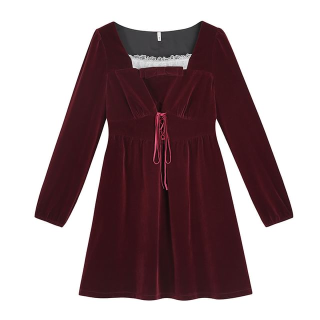 Square-Neck Lace Panel Velvet Tie-Strap Dress ( Various Designs )
