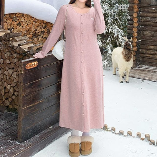Long Sleeve Round Neck Lettering Embroidered Button Midi A-Line Dress