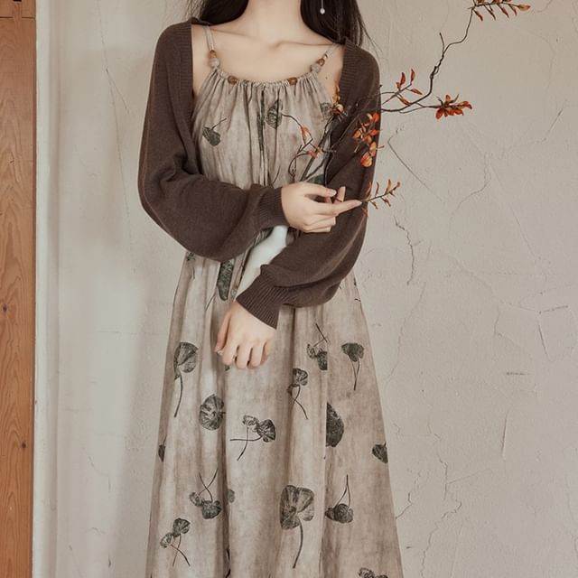 Spaghetti Strap Leaf Print Beaded Midi A-Line Dress / Plain Bolero Cardigan / Set