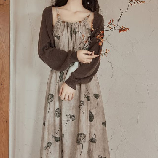 Spaghetti Strap Leaf Print Beaded Midi A-Line Dress / Plain Bolero Cardigan / Set