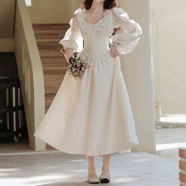 Set: Long-Sleeve Scoop Neck Plain Lace Trim Midi A-Line Corset Dress + Veil
