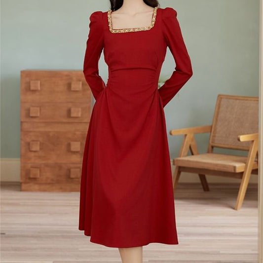Long-Sleeve Square Neck Beaded Midi A-Line Dress