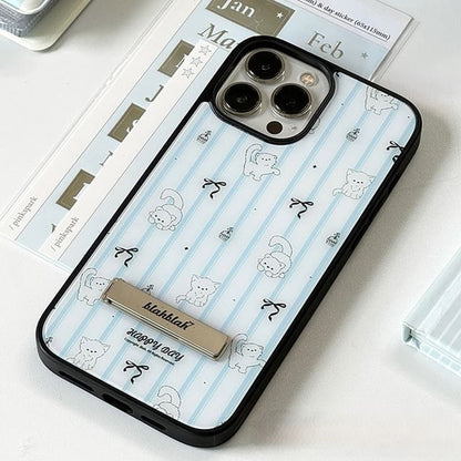 Cat Print Striped Stand Phone Case