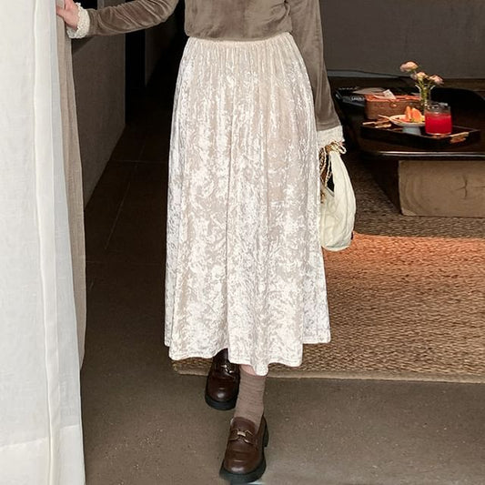 High Waist Plain Velvet Midi A-Line Skirt