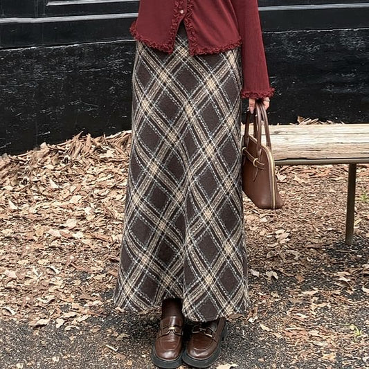 High Waist Plaid Maxi A-Line Skirt