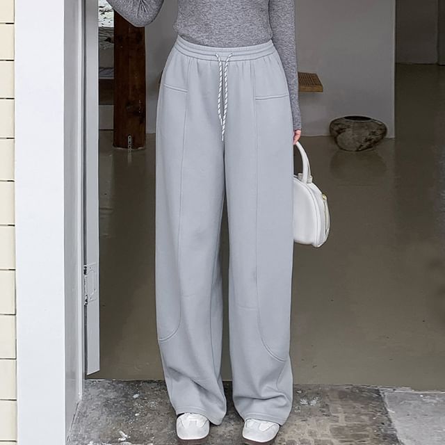 Drawstring Waist Plain Fleece-Lined Wide Leg Sweatpants