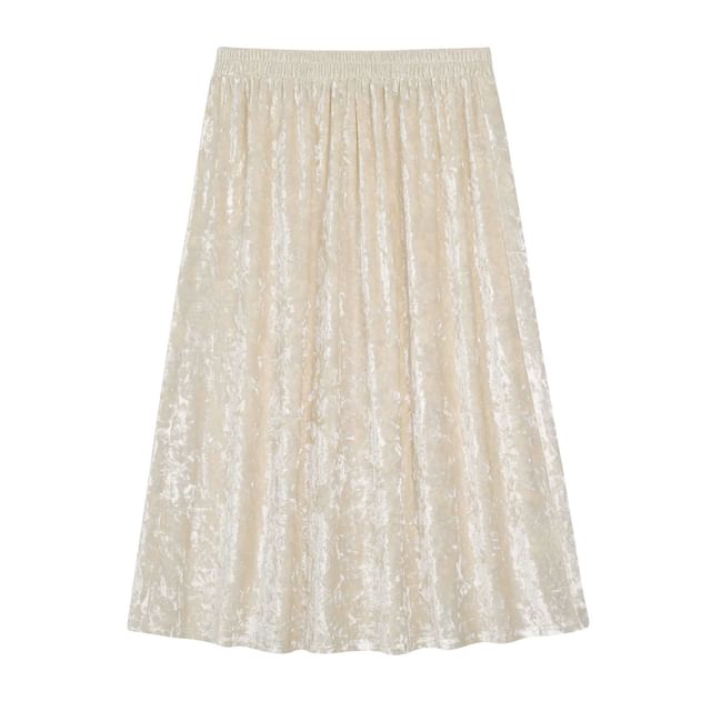 High Waist Plain Velvet Midi A-Line Skirt