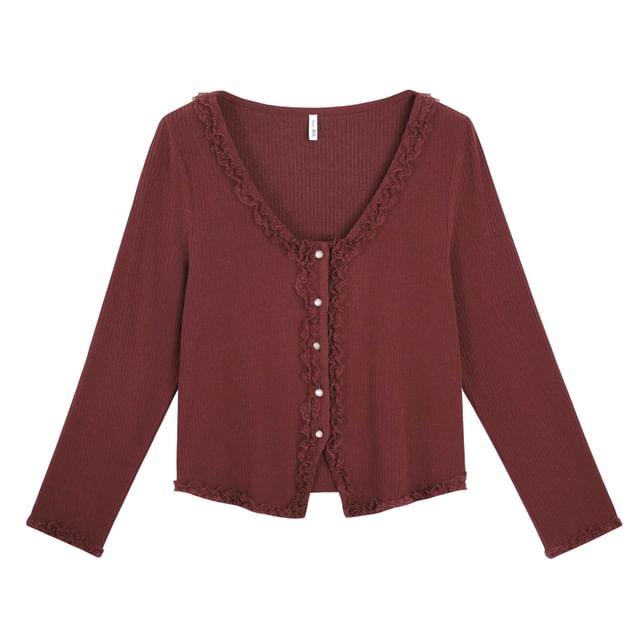 Long Sleeve V-Neck Plain Lace Trim Button Top