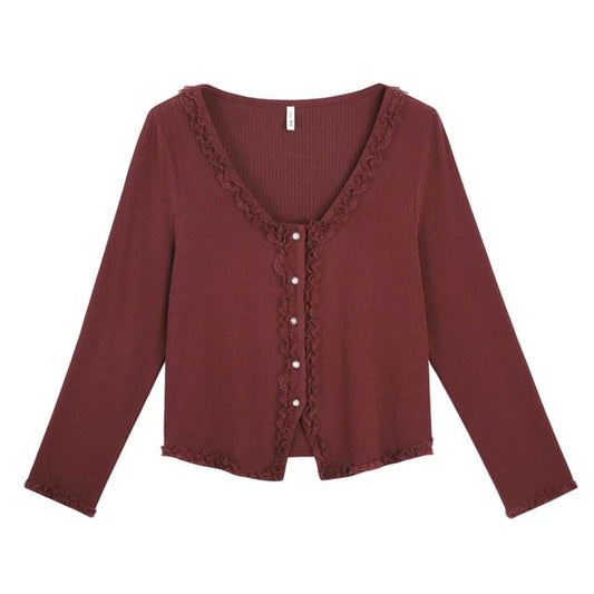 Long Sleeve V-Neck Plain Lace Trim Button Top