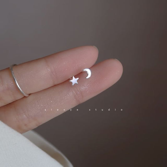 Asymmetrical Stud 925 Star Sterling Crescent Earring Silver