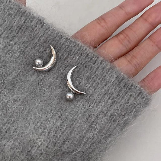 Crescent Stud Sterling Faux 925 Silver Pearl Earring