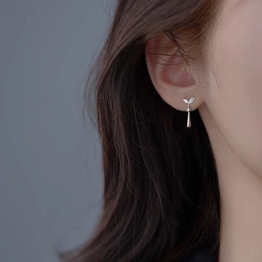 Silver Rhinestone Sterling 925 Drop Earring Leaf