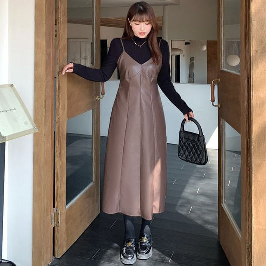 Faux Leather Midi Dungaree Dress