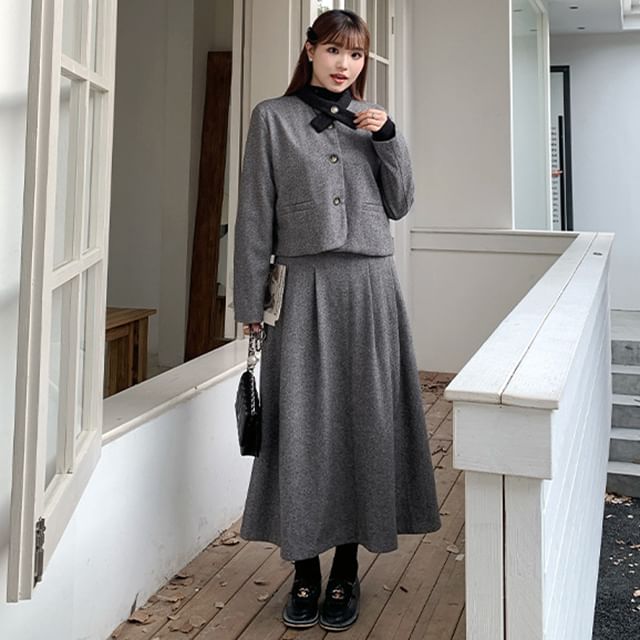 Set: Plain Button-Up Jacket + High Waist Midi A-Line Skirt