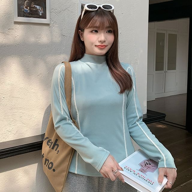 Long-Sleeve High Neck Contrast Trim Knit Top