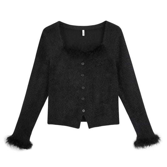 Long-Sleeve Square-Neck Plain Fluffy Knit Top