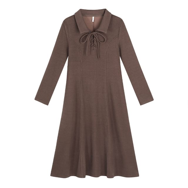 Long-Sleeve Polo-Neck Plain Lace-Up Midi A-Line Dress
