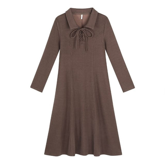 Long-Sleeve Polo-Neck Plain Lace-Up Midi A-Line Dress